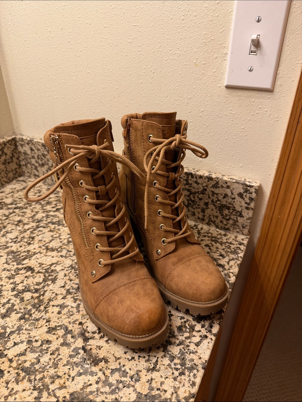 G by Guess Women's Tan Lace-Up Combat Boots with Side Zipper